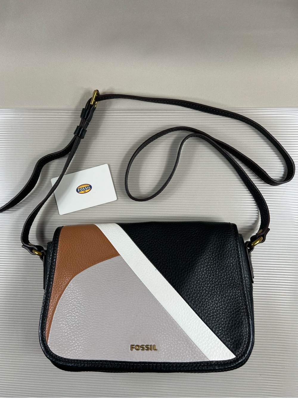 Fossil (Black/Tan/White/Gray) Colorblock Pebbled Leather Crossbody